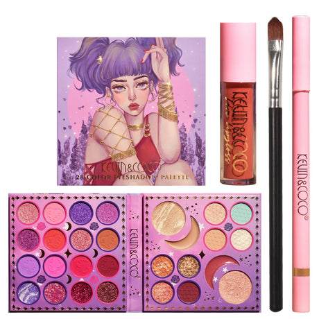 Set Produse de Machiaj, Kevin & Coco, 28 Culori, Fard de Ochi, Ruj, Pensula si Creion, Varianta 2 - vivimall.ro