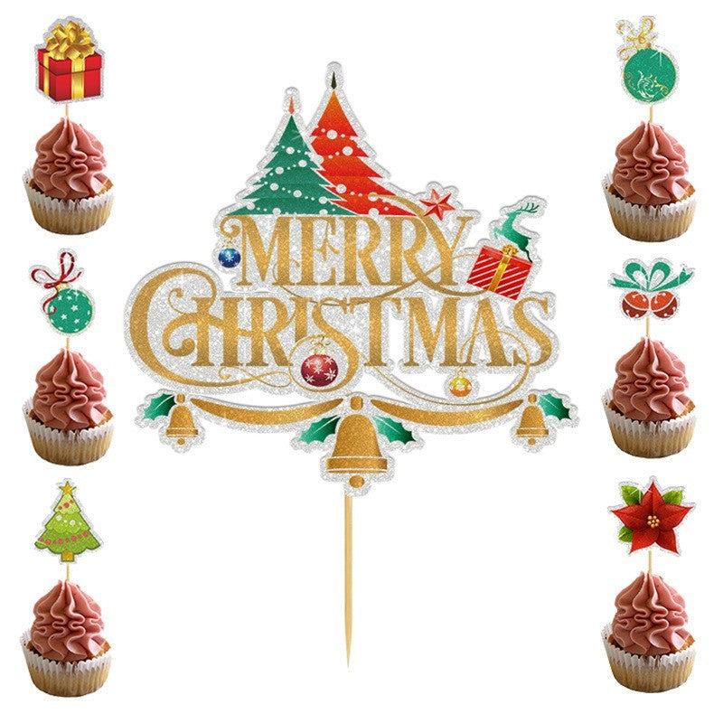 Set Toppere Pentru Tort Si Prajituri, Tematica Craciun, Model Mare Scris Merry Christmas, 6 Toppere Mici Modele Variate 5X5 Cm