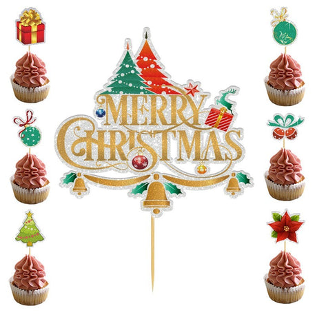 Set Toppere pentru Tort si Prajituri, Vivimall, Tematica Craciun, Model Mare Scris Merry Christmas 15.5x14.3 cm, 6 Toppere Mici Modele Variate 5x5 cm, Multicolor - vivimall.ro