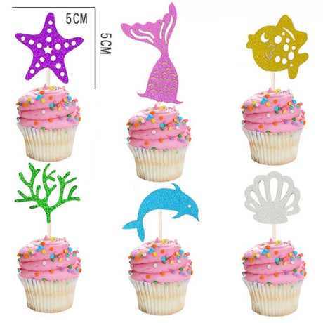 Set Toppere pentru Tort si Prajituri, Vivimall, Tematica Sirena, Model Mare Scris Happy Birthday 16.5x8.2 cm, 6 Toppere Mici Model Marin 5x5 cm, Multicolor - vivimall.ro