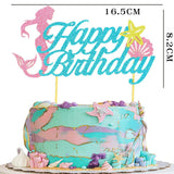 Set Toppere pentru Tort si Prajituri, Vivimall, Tematica Sirena, Model Mare Scris Happy Birthday 16.5x8.2 cm, 6 Toppere Mici Model Marin 5x5 cm, Multicolor - vivimall.ro