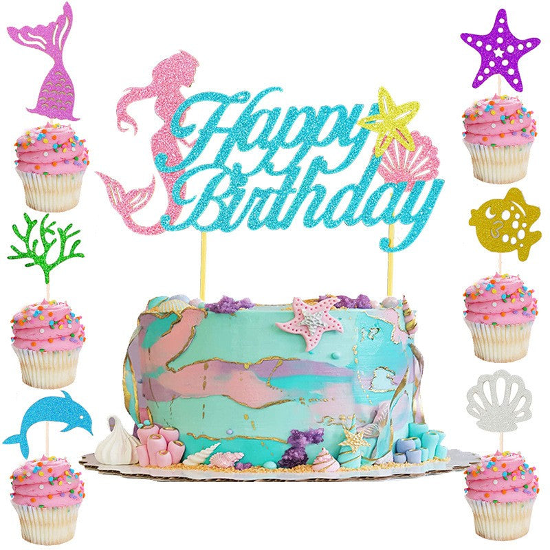 Set Toppere Pentru Tort Si Prajituri, Tematica Sirena, Model Mare Scris Happy Birthday, 6 Toppere Mici Model Marin 5X5 Cm
