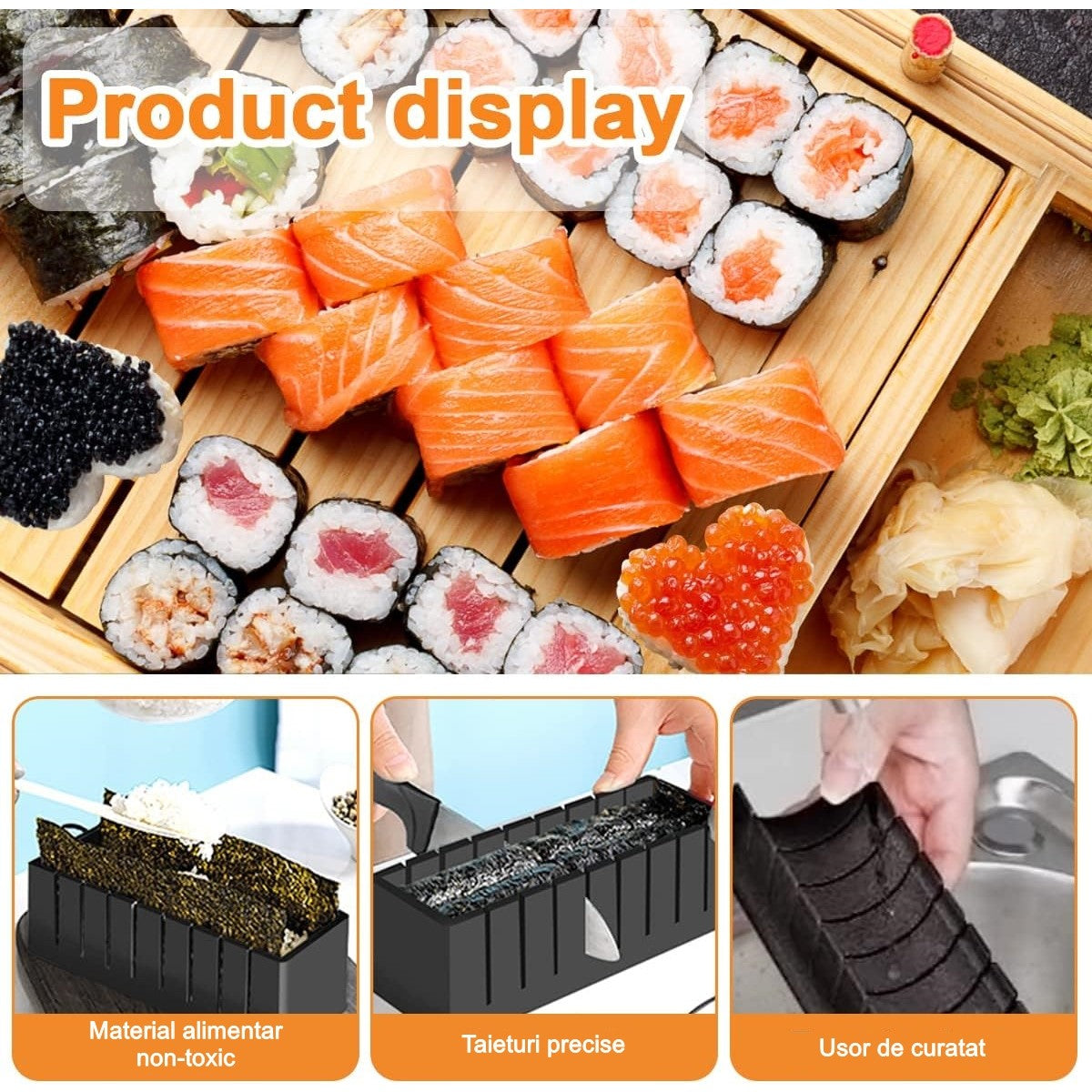 Set Ustensile Pentru Facut Sushi 10 Piese, Forma Inima Inclus, 3 Forme Clasice, Extensibil, Finisaj Lucios, Material Abs, Curatare Usoara, Negru - vivimall.ro