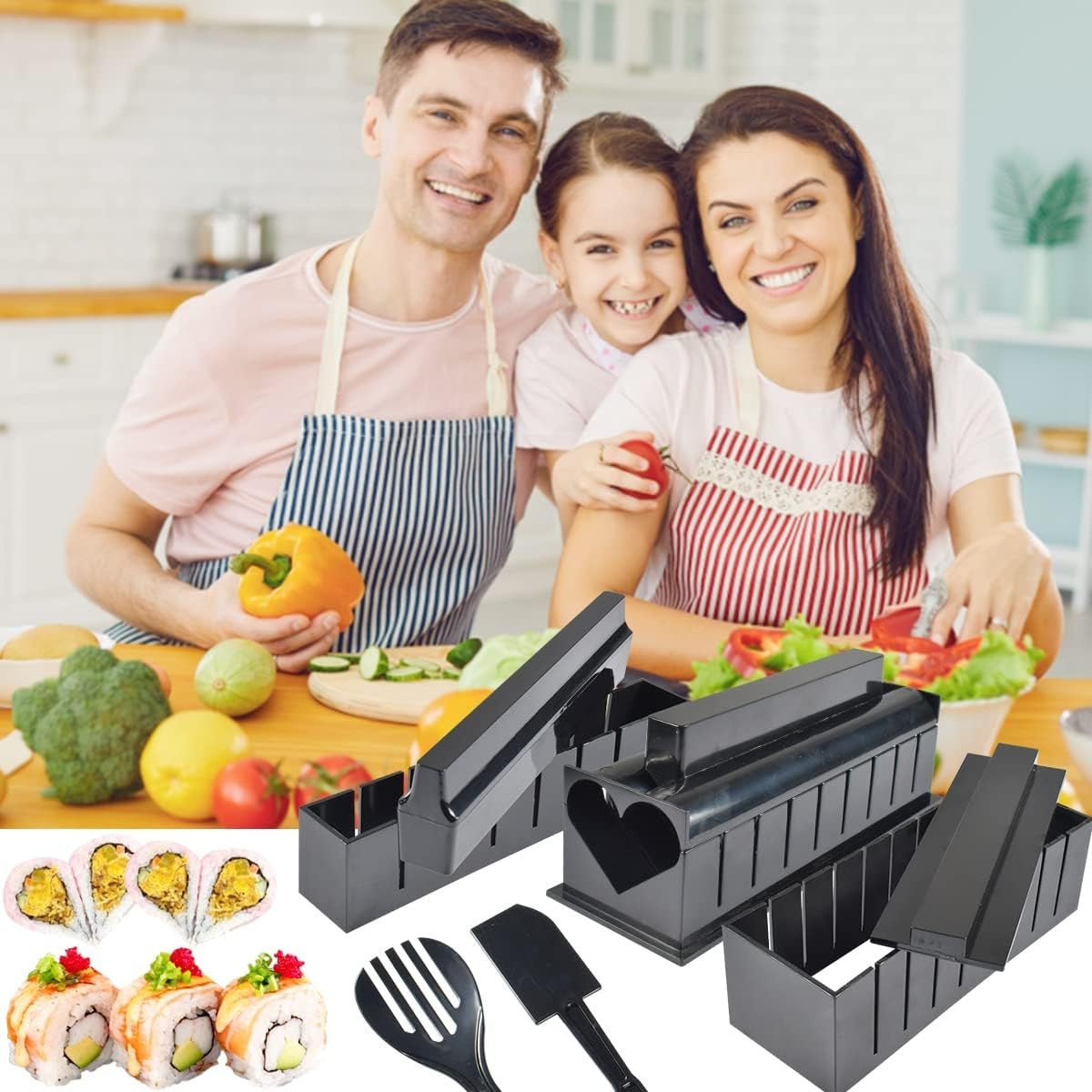 Set Ustensile Pentru Facut Sushi 10 Piese, Forma Inima Inclus, 3 Forme Clasice, Extensibil, Finisaj Lucios, Material Abs, Curatare Usoara, Negru - vivimall.ro