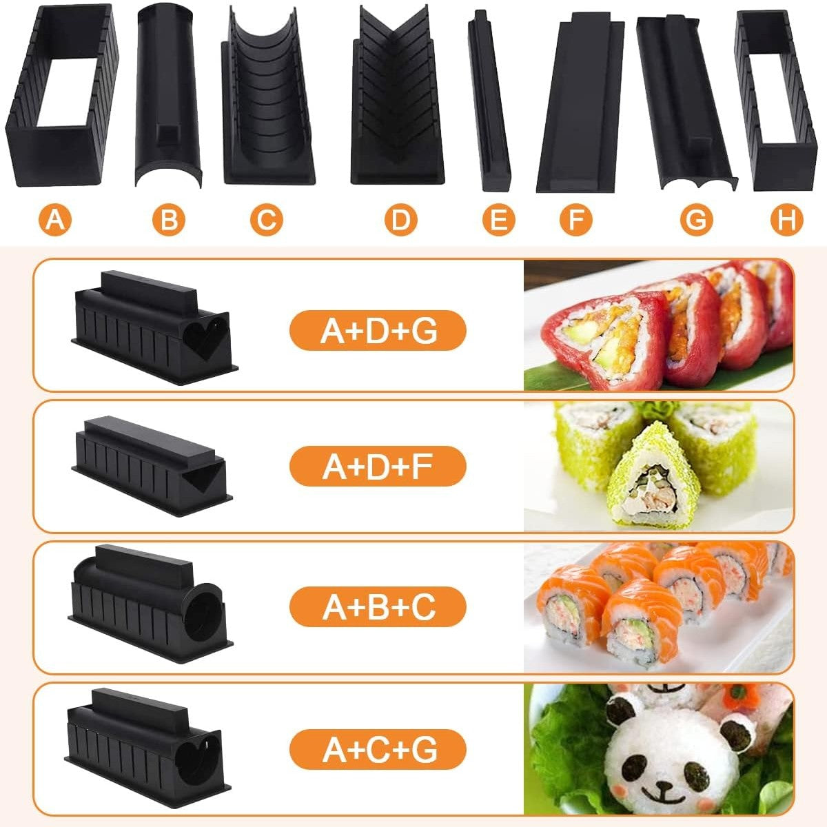 Set Ustensile Pentru Facut Sushi 10 Piese, Forma Inima Inclus, 3 Forme Clasice, Extensibil, Finisaj Lucios, Material Abs, Curatare Usoara, Negru - vivimall.ro