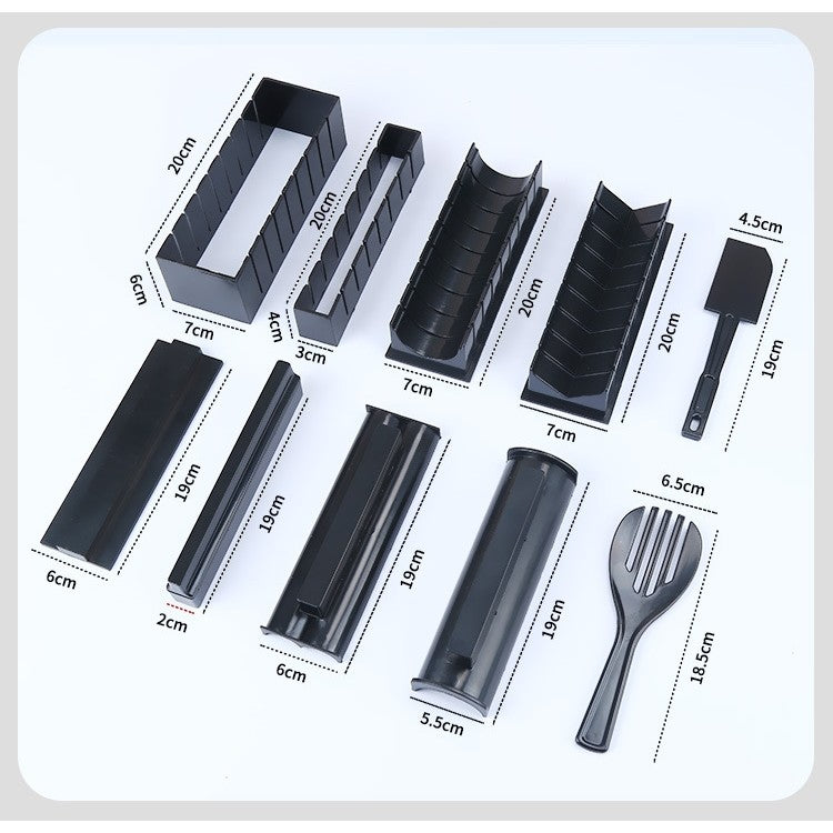 Set Ustensile Pentru Facut Sushi 10 Piese, Forma Inima Inclus, 3 Forme Clasice, Extensibil, Finisaj Lucios, Material Abs, Curatare Usoara, Negru - vivimall.ro
