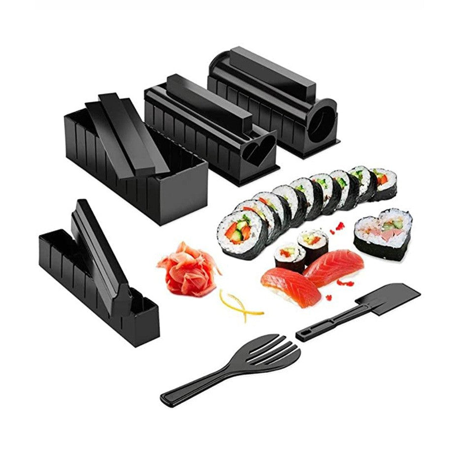 Set Ustensile Pentru Facut Sushi 10 Piese, Forma Inima Inclus, 3 Forme Clasice, Extensibil, Finisaj Lucios, Material Abs, Curatare Usoara, Negru - vivimall.ro