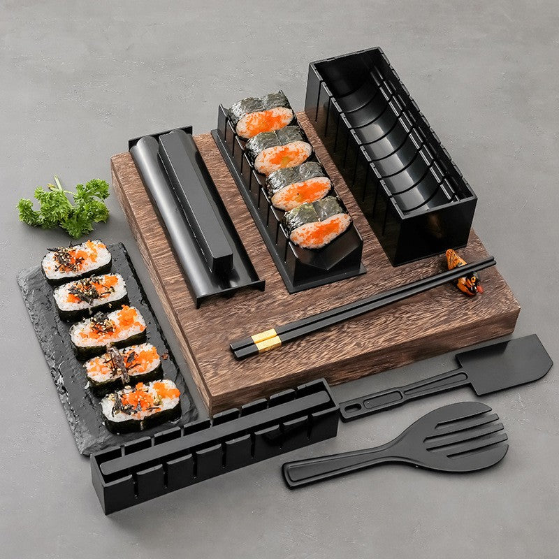 Set Ustensile Pentru Facut Sushi 10 Piese, Forma Inima Inclus, 3 Forme Clasice, Extensibil, Finisaj Lucios, Material Abs, Curatare Usoara, Negru - vivimall.ro