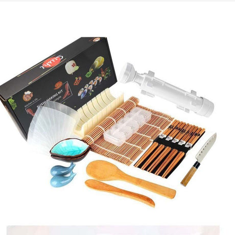 Set Ustensile Pentru Sushi, Set Din 19 Accesorii Pentru Sushi, Set Pentru Sushi Home Made, Cutit Inclus, Forme, Betisoare, Multicolor - vivimall.ro