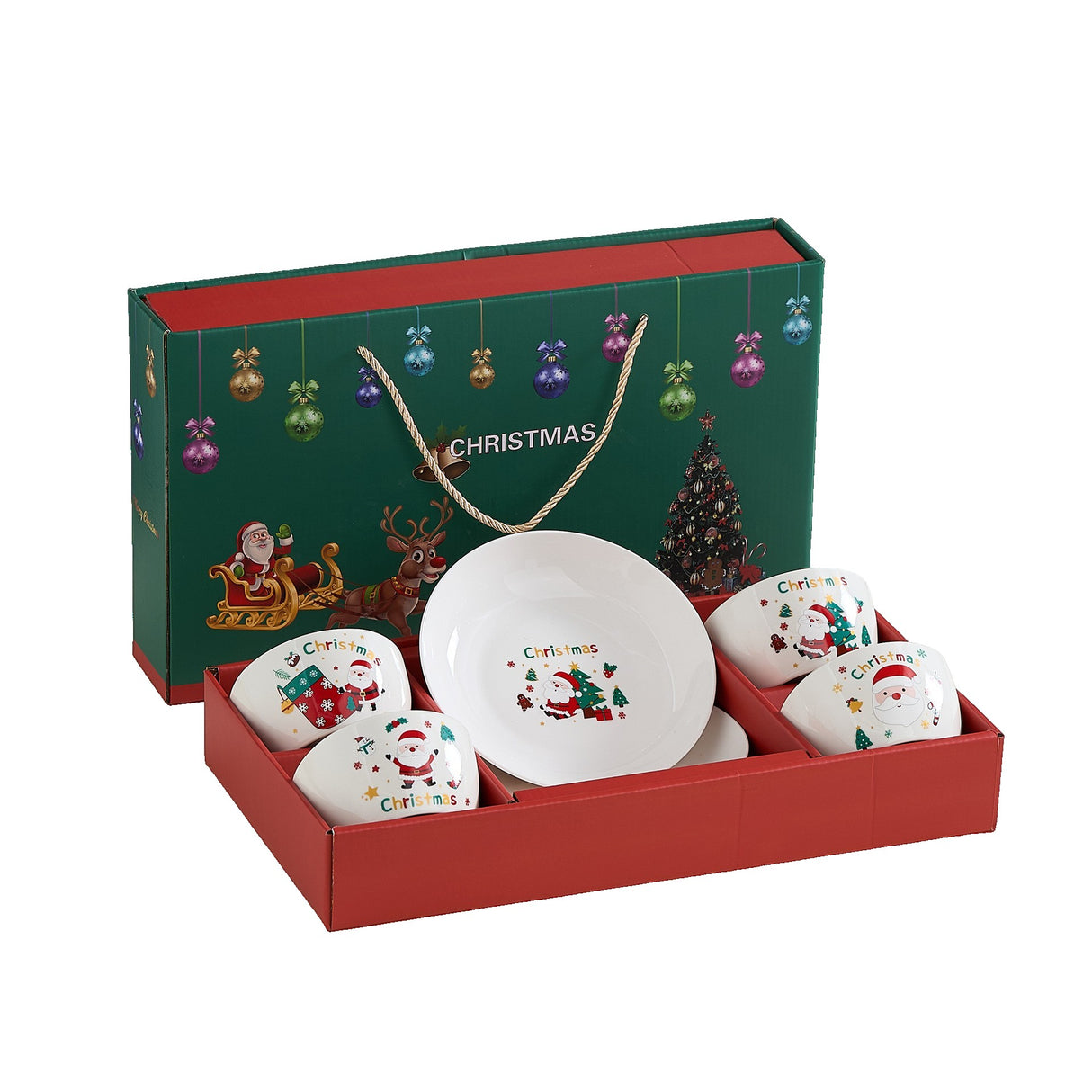 Set Vesela Festiva, Flippy, Tema Craciun, 4 x Boluri 300 ml, 2 x Farfurii 18 x 3.4 cm, din Ceramica, Model 2, Multicolor - vivimall.ro