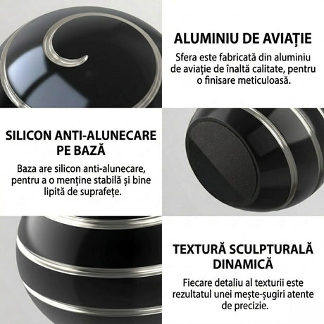Sferă Fidget Spinner Metalic Flippy negru, detaliu rulment inox pentru rotație fluidă