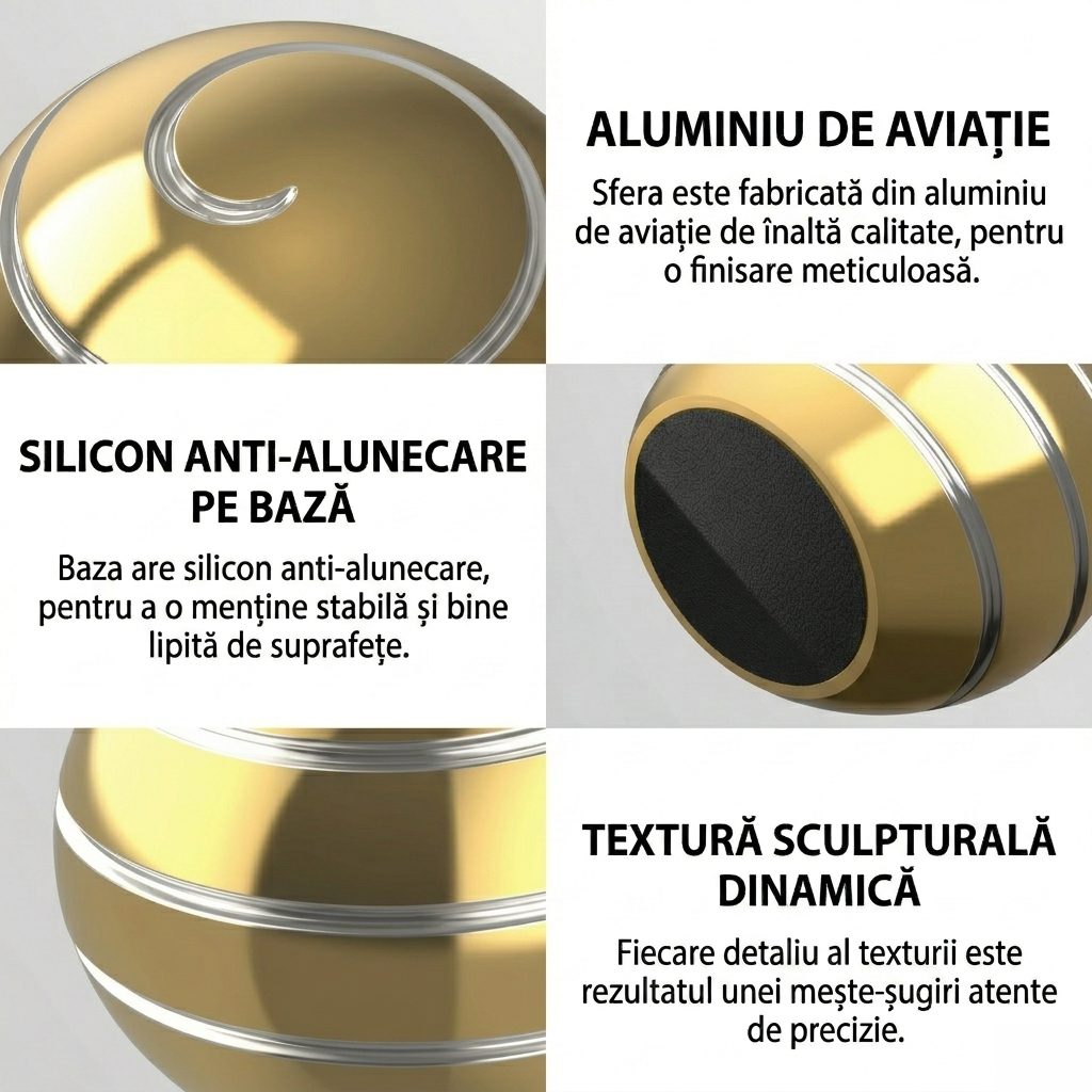 Sferă fidget spinner metalic auriu Flippy, finisaj corp aliaj zinc, vedere laterală