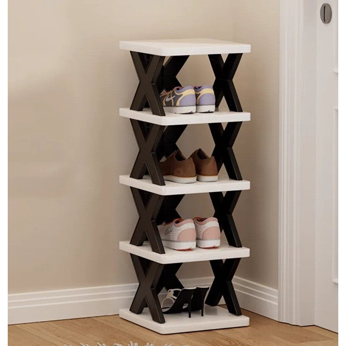 Organizator pantofi Vivimall 5 straturi negru/alb, vedere laterală, design compact și stivuibil