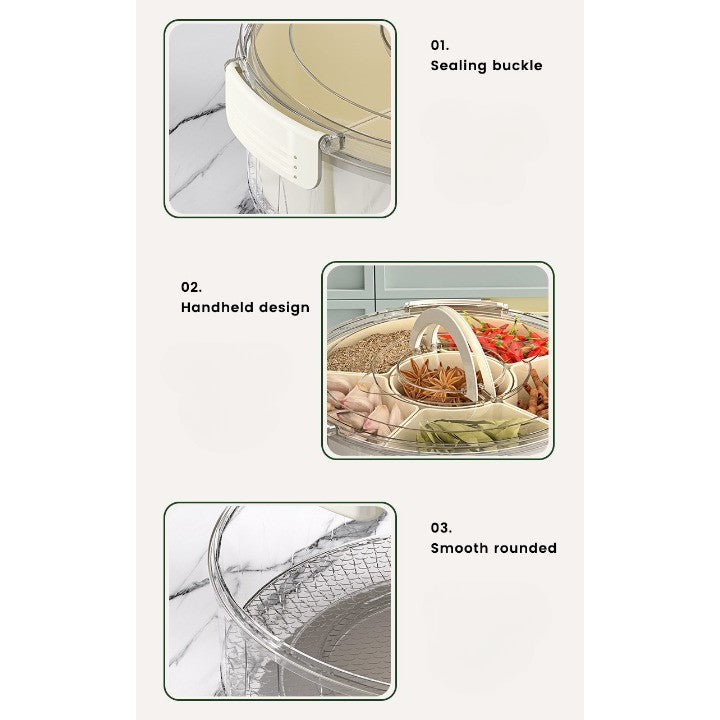 Cutie de Depozitare pentru Alimente, Vivimall, cu 6 Compartimente, pentru Condimente, Fructe, Legume, cu Manere de Prindere, Rotativa 360 de Grade, Inchidere Ermetica, 32x10 cm, Alba - vivimall.ro