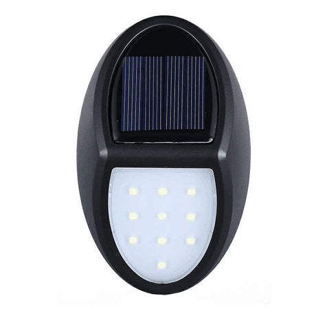 Aplica solara LED pentru perete Vivimall, in forma ovala, 10 LED-uri, lumina puternica, IP65, 12 x 7.5 cm, 1.2 V, 300 mAh, autonomie 8-10 ore, alb rece - vivimall.ro