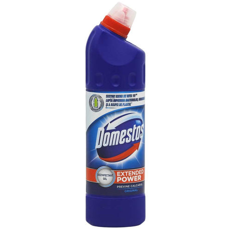 Soluție WC Domestos Thick Bleach Original 750 ml, dezinfectant lichid cu clor activ pentru toaletă, vedere frontală flacon