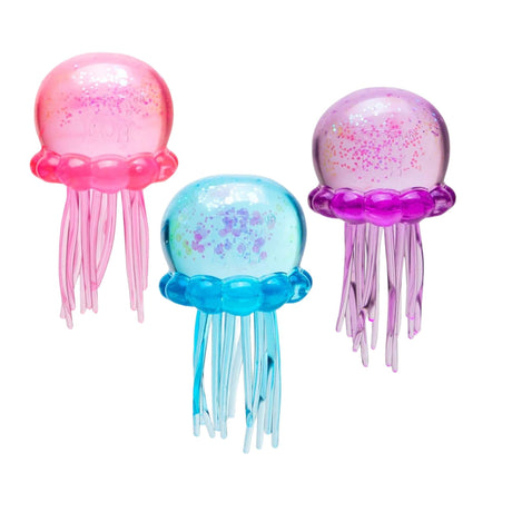 Jucărie squishy Flippy meduză cu sclipici multicolor, vedere frontală, dimensiuni 9 x 4.7 cm