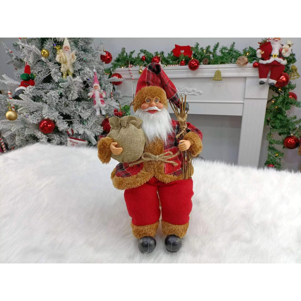 Figurina Decorativa Craciun, Vivimall, Mos Craciun Asezat cu Surcele la Brat, 35 x 18 x 20 cm, Material Plastic+Textil, Interior/Exterior, Rosu/Maro - vivimall.ro