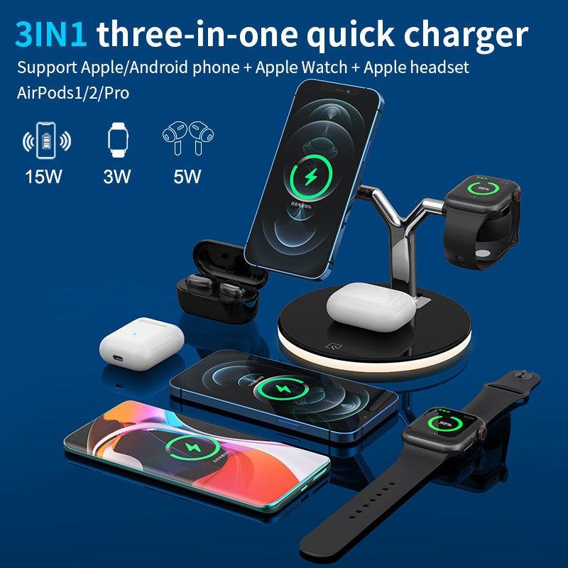 Statie de Incarcare 3 in 1, Vivimall, Incarcator MagSafe Wireles Charger, Compatibil cu Apple iPhone, iWatch, AirPods, New Design, Max 25W, 14 x 14 x 10 cm, Negru - vivimall.ro