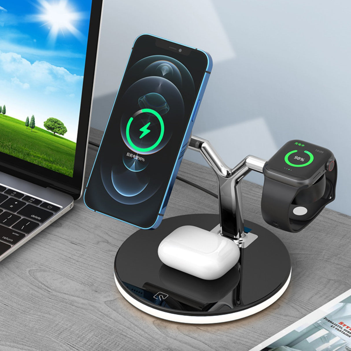 Statie de Incarcare 3 in 1, Vivimall, Incarcator MagSafe Wireles Charger, Compatibil cu Apple iPhone, iWatch, AirPods, New Design, Max 25W, 14 x 14 x 10 cm, Negru - vivimall.ro