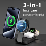 Statie de Incarcare MagSafe 3 in 1, Vivimall, Magnetica Wireles Charger, Compatibil cu Apple iPhone, iWatch, AirPods, New Design, Max 23W, 11 x 6.5 x 2.9 cm, Negru - vivimall.ro