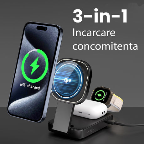 Statie de Incarcare MagSafe 3 in 1, Vivimall, Magnetica Wireles Charger, Compatibil cu Apple iPhone, iWatch, AirPods, New Design, Max 23W, 11 x 6.5 x 2.9 cm, Negru - vivimall.ro
