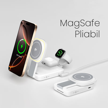Statie de Incarcare MagSafe 3 in 1, Vivimall, Magnetica Wireles Charger, Compatibil cu Apple iPhone, iWatch, AirPods, New Design, Max 23W, 11 x 6.5 x 2.9 cm Alb Ivory - vivimall.ro