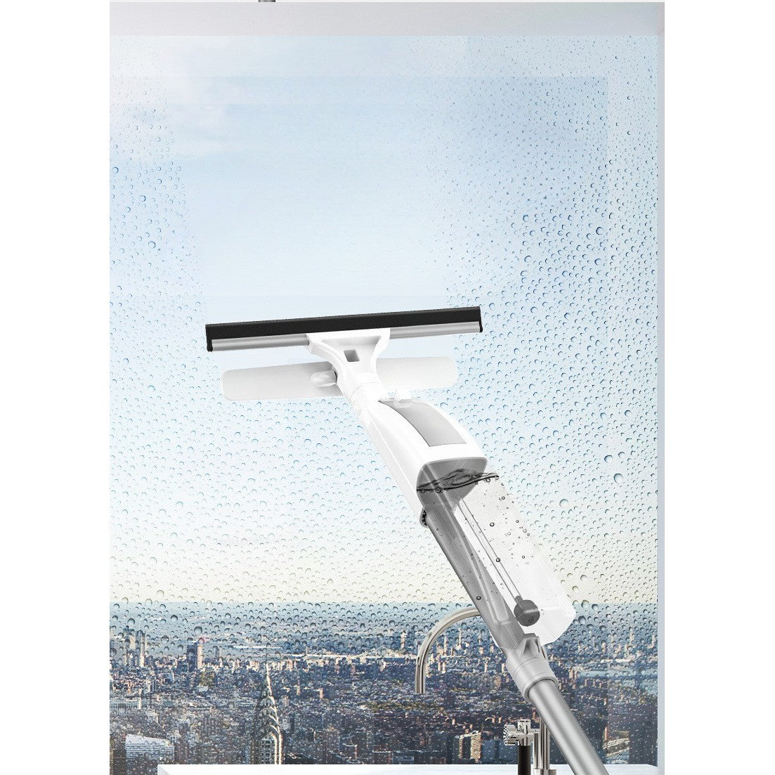 Ștergător De Geamuri, Cu Două Fețe, Tijă Telescopică, Cu Recipient De Lichid, Lavetă Din Microfibră, Racletă Silicon, 120 cm, Alb - vivimall.ro