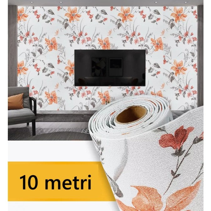 Rola Autoadeziva Pentru Perete, Din Panza, 10 M, Rezistenta La Umezeala, 2.5 Mm Grosime, Model Flori, Portocaliu - vivimall.ro
