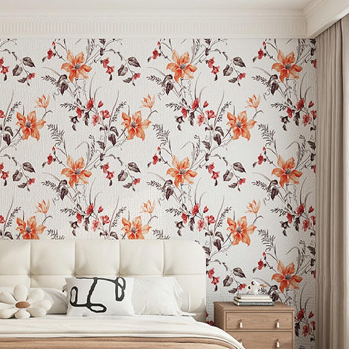 Rola Autoadeziva pentru Perete, Vivimall, din Panza, 10 m, Rezistenta la Umezeala, 2.5 mm Grosime, Model Flori, Portocaliu - vivimall.ro