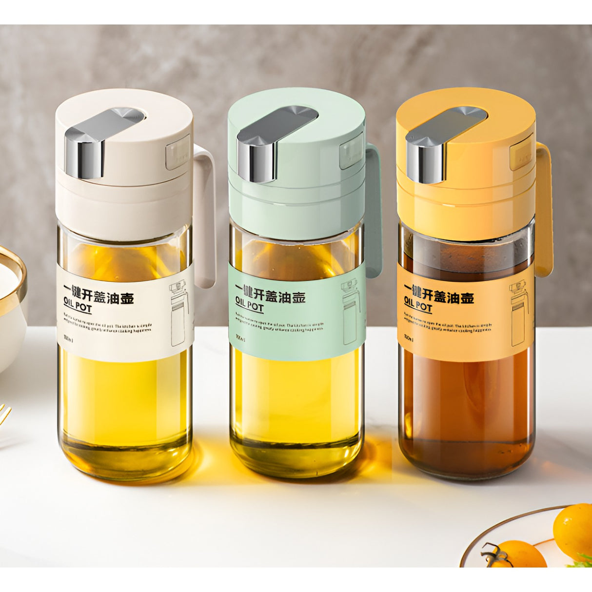 Dispenser pentru Ulei, Vivimall, Deschidere si Inchidere Automata a Rezervorul, cu Inductie Gravitationala, 550 ml, 12x7.6x20.5 cm, Galben - vivimall.ro