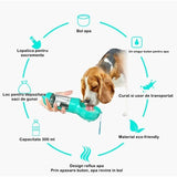 Sticla portabila 4 in 1 Vivimall, pentru caini si pisici, cu 3 compartimente + lopetica, 300ml, apa, hrana, pungi igienice, lopetica, 26.7 x 9.7 x 9.4 cm, turcoaz - vivimall.ro