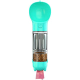 Sticla portabila 4 in 1 Vivimall, pentru caini si pisici, cu 3 compartimente + lopetica, 300ml, apa, hrana, pungi igienice, lopetica, 26.7 x 9.7 x 9.4 cm, turcoaz - vivimall.ro