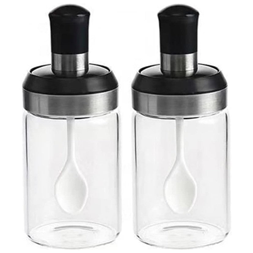 Sticle si Borcane de Ulei de Masline, Vivimall, Dozator Set 4 Bucati, 2 Sticle cu Dispenser 500 ml/buc, 2 Borcane pentru Condimente cu Capac si Lingura 120ml/buc, Transparent - vivimall.ro