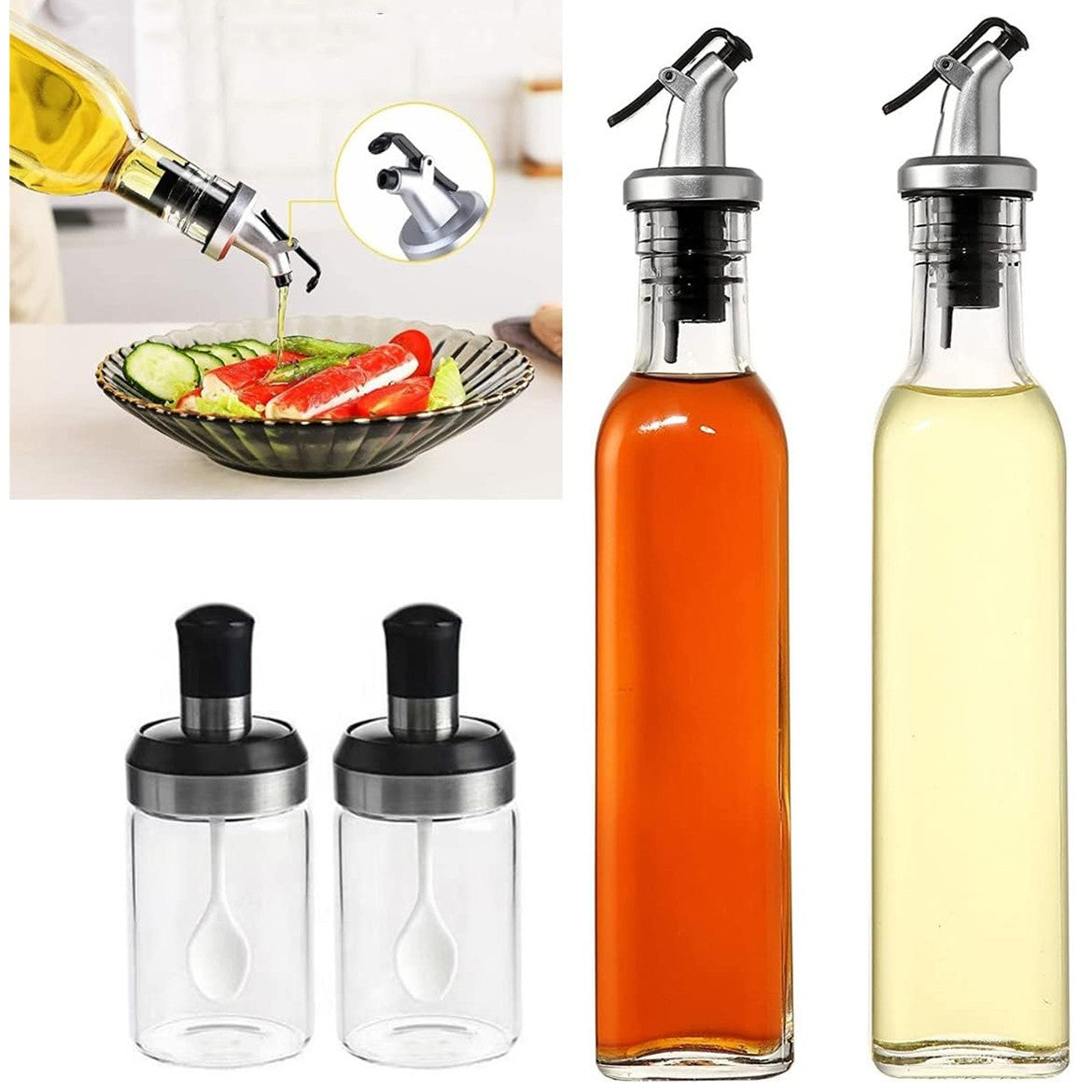 Sticle si Borcane de Ulei de Masline, Vivimall, Dozator Set 4 Bucati, 2 Sticle cu Dispenser 500 ml/buc, 2 Borcane pentru Condimente cu Capac si Lingura 120ml/buc, Transparent - vivimall.ro
