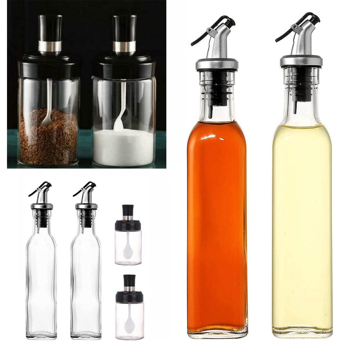 Sticle si Borcane de Ulei de Masline, Vivimall, Dozator Set 4 Bucati, 2 Sticle cu Dispenser 500 ml/buc, 2 Borcane pentru Condimente cu Capac si Lingura 120ml/buc, Transparent - vivimall.ro
