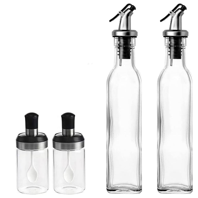 Sticle si Borcane de Ulei de Masline, Vivimall, Dozator Set 4 Bucati, 2 Sticle cu Dispenser 500 ml/buc, 2 Borcane pentru Condimente cu Capac si Lingura 120ml/buc, Transparent - vivimall.ro