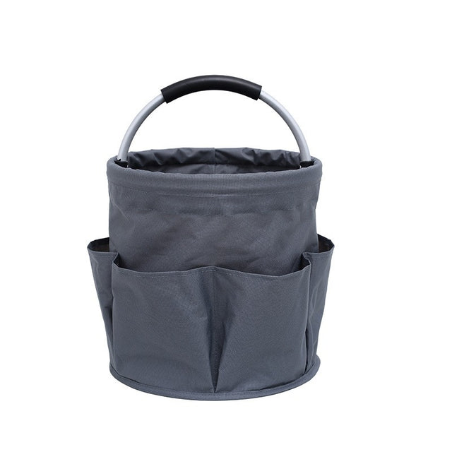 Geantă coș pentru scule 17L din Oxford 600D, 28x28x28 cm, culoare gri închis, cu mâner metalic și buzunare exterioare