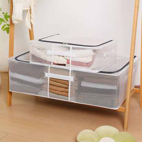 Cutie de Depozitare, Vivimall, pentru Haine, Incaltaminte, din Plasa PVC Impermeabila si Manere Laterale, Pliabila, Fermoar Bidirectional, 80 x 47 x 24 cm, Transparenta - vivimall.ro