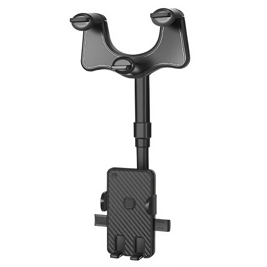 Suport auto Vivimall cu atasare la oglinda retrovizoare, rotativ 360 de grade și retractabil, multifuncțional, compatibil cu toate telefoanele mobile, Finisaj Carbon, Negru - vivimall.ro