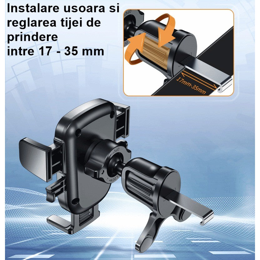 Suport Auto Telefon Flippy, Prindere Grila Ventilatie, Tija Fixare Reglabila, Rotativ 90 grade, Design Modern, Detalii Fine, Material Plastic si Silicon, 11 x  8.5 cm, Negru - vivimall.ro