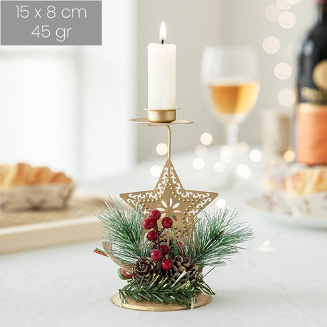 Suport Decorativ pentru Lumanare de Craciun, Flippy, Ornament pentru Lumanare, Model Stea Aurie cu Crengute de Brad, din Art Metal, pentru Masa, fara Lumanare 15 x 8 cm, Auriu - vivimall.ro