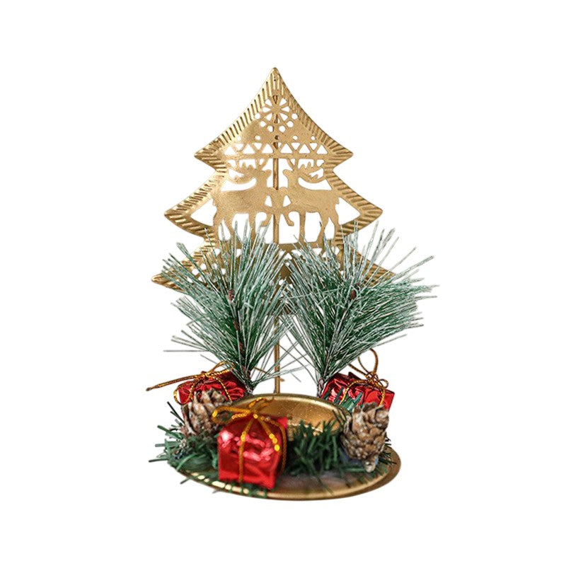 Suport Decorativ pentru Lumanare de Craciun, Flippy, Ornament pentru Lumanare pe Masa, Model Brad cu Reni si Crengute de Brad, din Art Metal, fara Lumanare 13 x 8.3 cm, Auriu - vivimall.ro