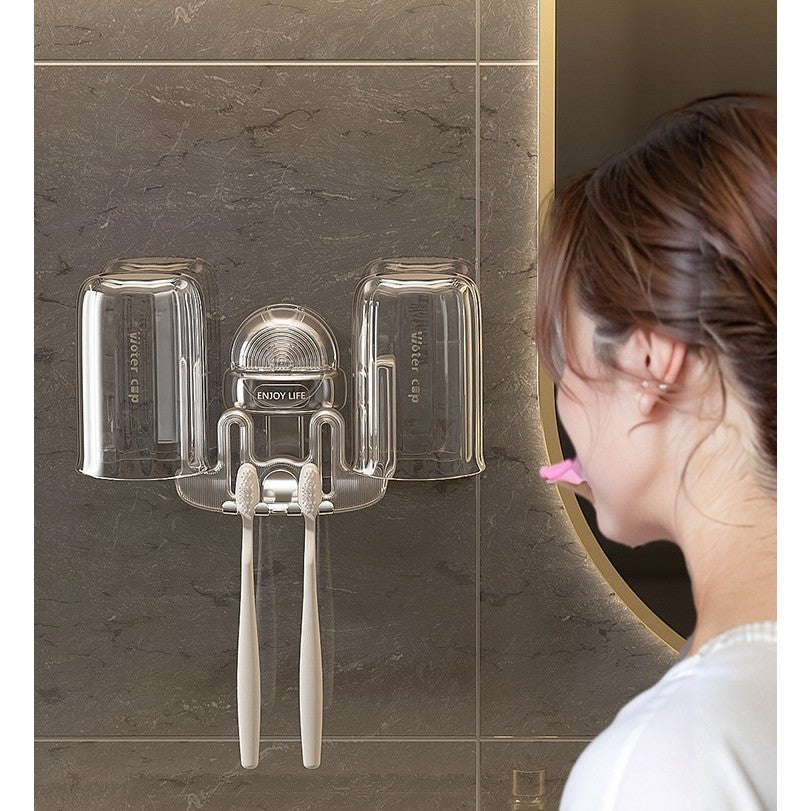 Suport Multifunctional Dublu, Pahar si Suport pentru Periuta de Dinti, Vivimall, Plastic, 11 cm x 11.5 cm, Transparent - vivimall.ro