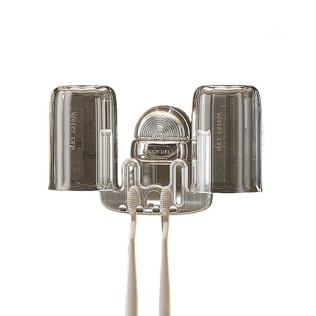 Suport Multifunctional Dublu, Pahar si Suport pentru Periuta de Dinti, Vivimall, Plastic, 11 cm x 11.5 cm, Transparent - vivimall.ro