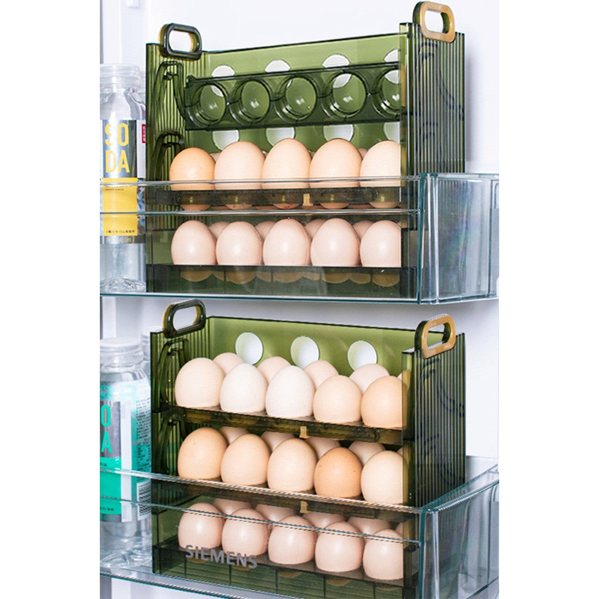 Suport Organizator Pentru Oua, Pentru Frigider, Verde Transparent, Capacitate 30 Oua, Trei Straturi, Cu Data De Expirare, 25.5X10X23 Cm - vivimall.ro