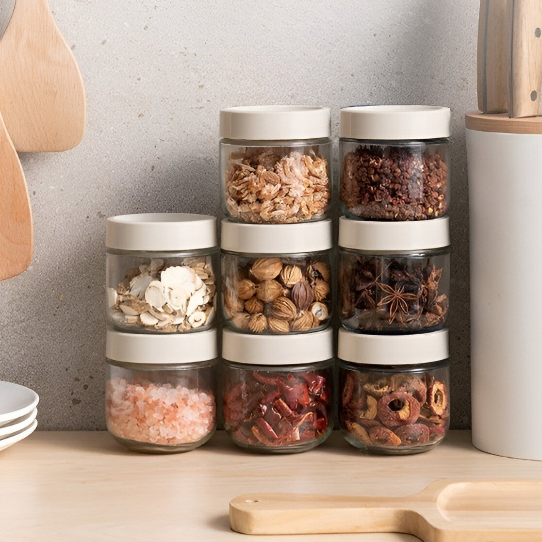 Suport pentru Depozitare Condimente, Ulei, Otet, Vivimall, Montare pe Perete din 9 Piese, Uz Casnic, pentru Bucatarie, 24 x 21.9 x 31.5cm, Alb - vivimall.ro