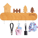Suport Pentru Chei, Din Lemn, Aplicare Fara Perforare, Adeziv Inclus, 5 Carlige Albe, Model Casuta, Greutate Suportata 5 Kg, 13.5 X 23 Cm, Maro - vivimall.ro