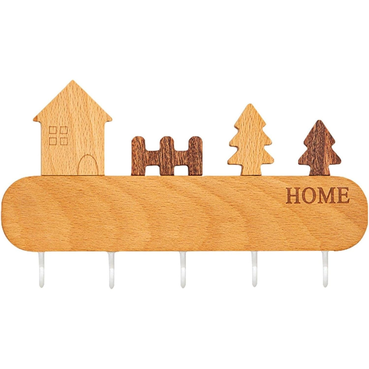 Suport Pentru Chei, Din Lemn, Aplicare Fara Perforare, Adeziv Inclus, 5 Carlige Albe, Model Casuta, Greutate Suportata 5 Kg, 13.5 X 23 Cm, Maro - vivimall.ro