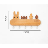 Suport pentru Chei, Vivimall, din Lemn, Aplicare fara Perforare, Adeziv Inclus, 5 Carlige Albe, Model Iepure, Greutate Suportata 5 kg, 13.5 x 22 cm, Maro - vivimall.ro